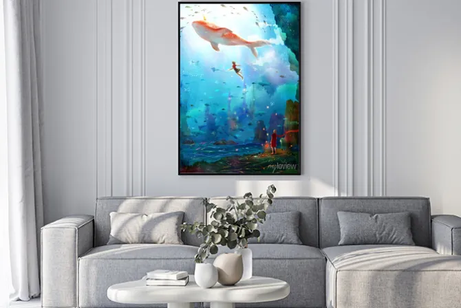 Plakat: Dziecięca ilustracja głębiny morza z wielorybem