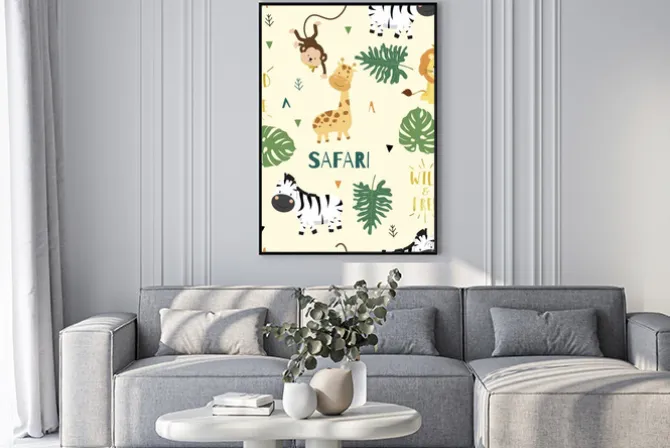 Plakat: Dziecięcy wzór safari z lwem zebrą i żyrafą