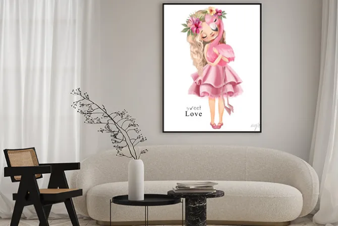 Plakat: Dziewczyna w różowej sukience z flamingiem