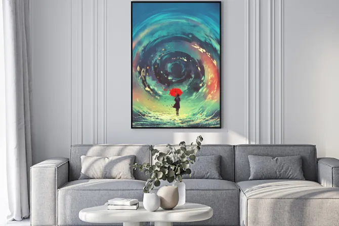 Plakat: Dziewczyna z czerwonym parasolem sprawia, że wirująca woda