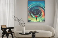 Plakat: Dziewczyna z czerwonym parasolem sprawia, że ​​wirująca woda