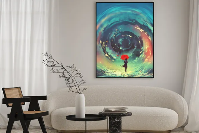 Plakat: Dziewczyna z czerwonym parasolem sprawia, że wirująca woda