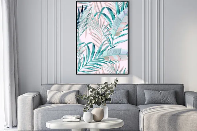 Plakat: Egzotyczne liście na jasnym różowym tle