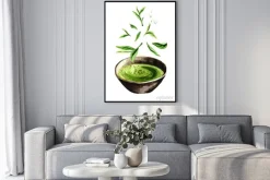Plakat: Ekologiczna zielona herbata matcha ze spadającymi liśćmi zielonej