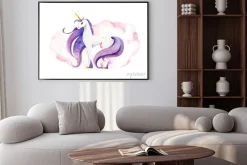 Plakat: Fantastic animal - unicorn in pink clouds/ watercolor hand drawn