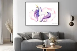 Plakat: Fantastic animal - unicorn in pink clouds/ watercolor hand drawn