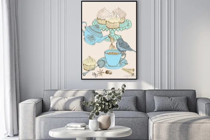 Plakat: Filiżanka herbaty z babeczkami i ptakiem vintage