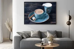 Plakat: Filiżanka kawy z mlekiem, cynamonem i cukrem