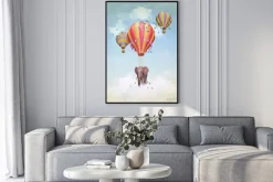Plakat: Flying elephant in the sky with balloons. illustration. computer