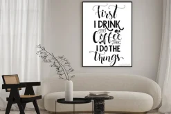Plakat: Frist piję kawę, a potem robić rzeczy. kawa cytat druk, kawiarni