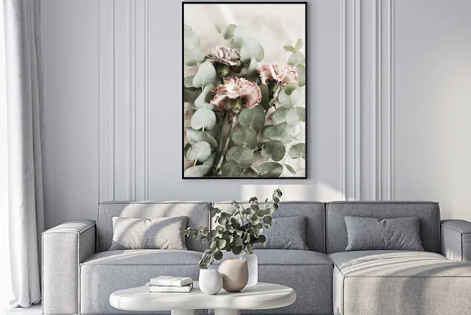 Plakat: Gałązki eukaliptusa i kwiaty goździki