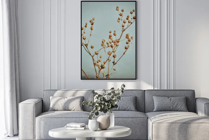 Plakat: Gałązki lnu na niebieskim tle