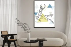 Plakat: Geometryczna ilustracja skaczącego jelenia