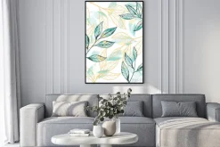 Plakat: Golden and green leaves pattern. hand drawn vector background