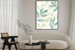 Plakat: Golden and green leaves pattern. hand drawn vector background