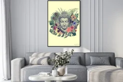 Plakat: Głowa buddy w kompozycji z kwiatów i piór