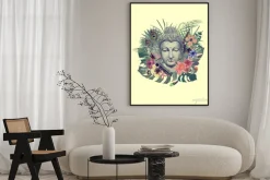 Plakat: Głowa buddy w kompozycji z kwiatów i piór