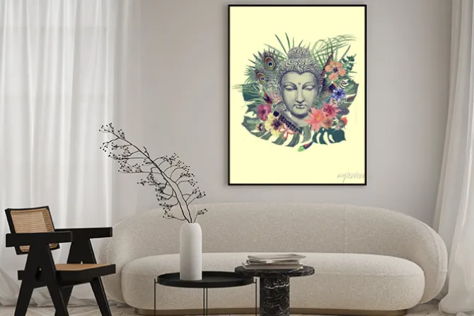 Plakat: Głowa buddy w kompozycji z kwiatów i piór