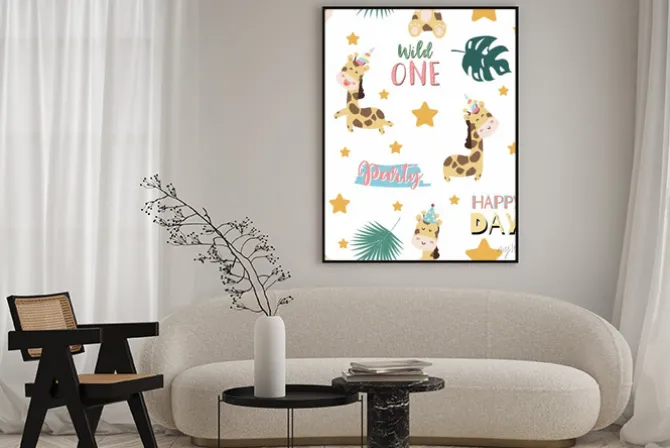 Plakat: Green pastel seamless pattern with giraffe smiling,horn,star.