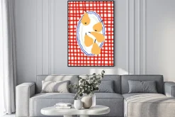 Plakat: Gruszki na czerwonym tle w kratę