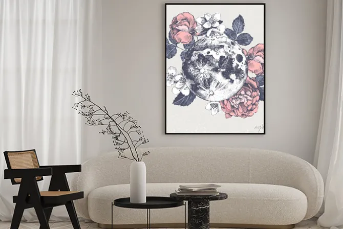 Plakat: Hand drawn card with full moon and flowers