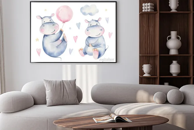 Plakat: Hand drawn cute isolated tropical summer watercolor hippo animals.