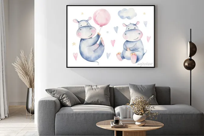 Plakat: Hand drawn cute isolated tropical summer watercolor hippo animals.