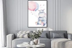 Plakat: Hand drawn cute isolated tropical summer watercolor hippo animals.