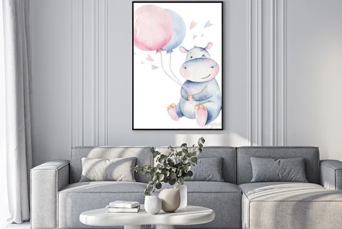 Plakat: Hand drawn cute isolated tropical summer watercolor hippo animals.