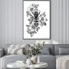 Plakat: Hand drawn monochrome bee among dog rose flowers