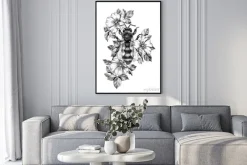 Plakat: Hand drawn monochrome bee among dog rose flowers