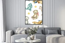 Plakat: Hand drawn watercolor seamless pattern with old-fashioned toys.