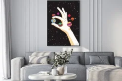 Plakat: Hand holding earth. planets in space. save world. world earth