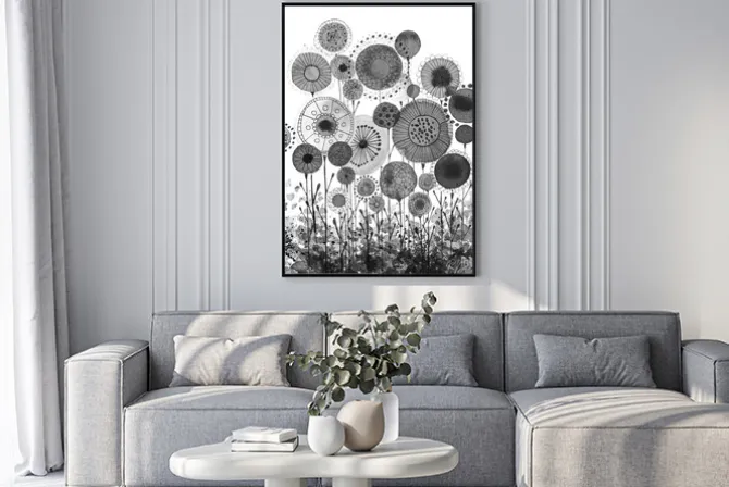 Plakat: Hand made ink drawings with floral motifs resembling dandelions,
