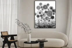 Plakat: Hand made ink drawings with floral motifs resembling dandelions,