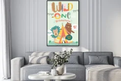 Plakat: Happy birthday party invitation card with cartoon tribal animals.