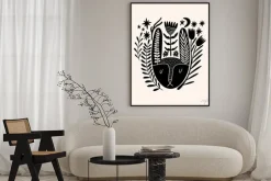 Plakat: Hare or bunny woodland animal drawing in ornate rural folk scandinavian