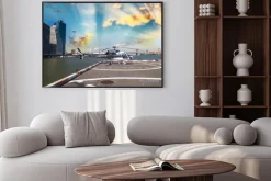 Plakat: Helikopter na uruchomienie platformy w nowym jorku panoramę miasta