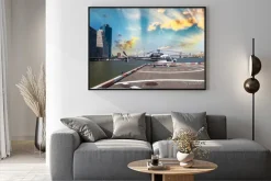Plakat: Helikopter na uruchomienie platformy w nowym jorku panoramę miasta