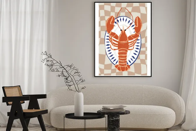 Plakat: Homar na talerzu z kratkowanym tłem