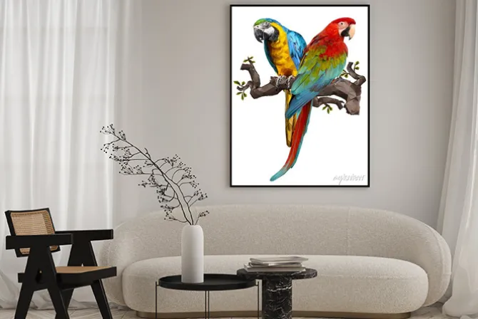 Plakat: Illustration drawing of green wing macaw birds.