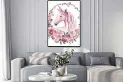 Plakat: Ilustracja akwarela boho zwierząt kwiatowy - jednorożec z pastelowych