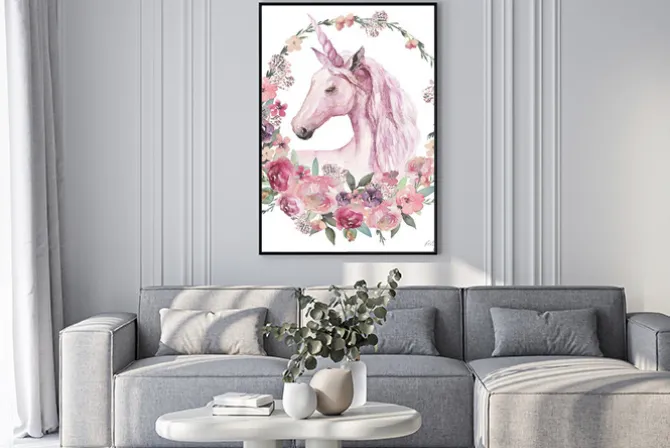 Plakat: Ilustracja akwarela boho zwierząt kwiatowy - jednorożec z pastelowych