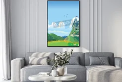 Plakat: Ilustracja cartoon wektora tle fantasy z zielonych wzgórz i zamek