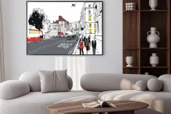 Plakat: Ilustracja dojeżdżających na londyńskiej ulicy miasta