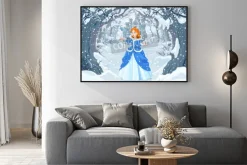 Plakat: Ilustracja księżniczka z ptakiem blisko do magic winter castle