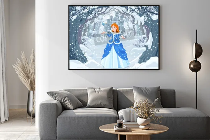 Plakat: Ilustracja księżniczka z ptakiem blisko do magic winter castle