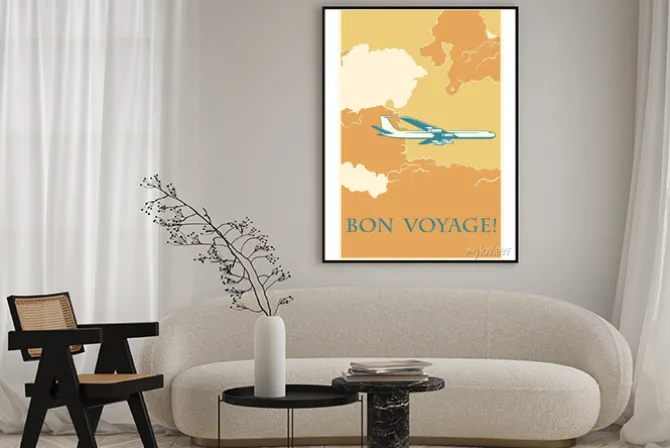 Plakat: Ilustracja vintage z samolotem i hasłem bon voyage