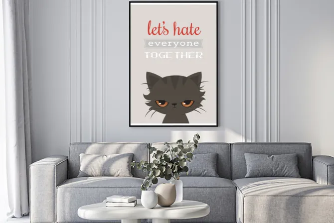 Plakat: Ilustracja z kotem i sloganem na szarym tle