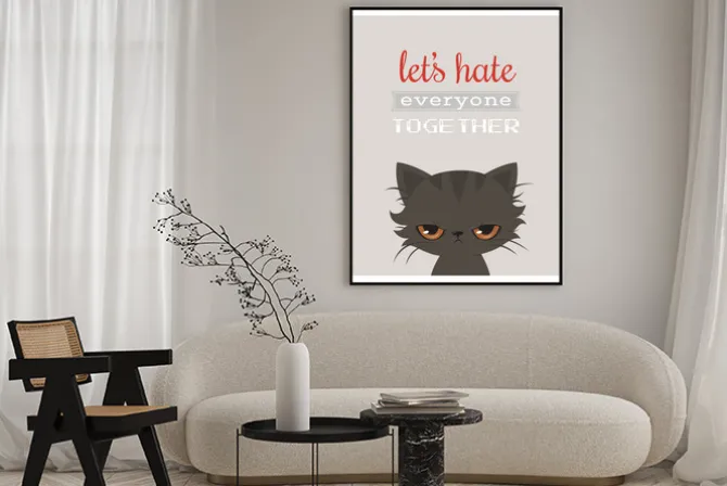 Plakat: Ilustracja z kotem i sloganem na szarym tle